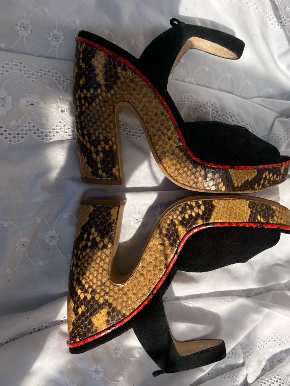 Dries Van Noten Black Suede Platforms with Yellow Snake-Print Trim